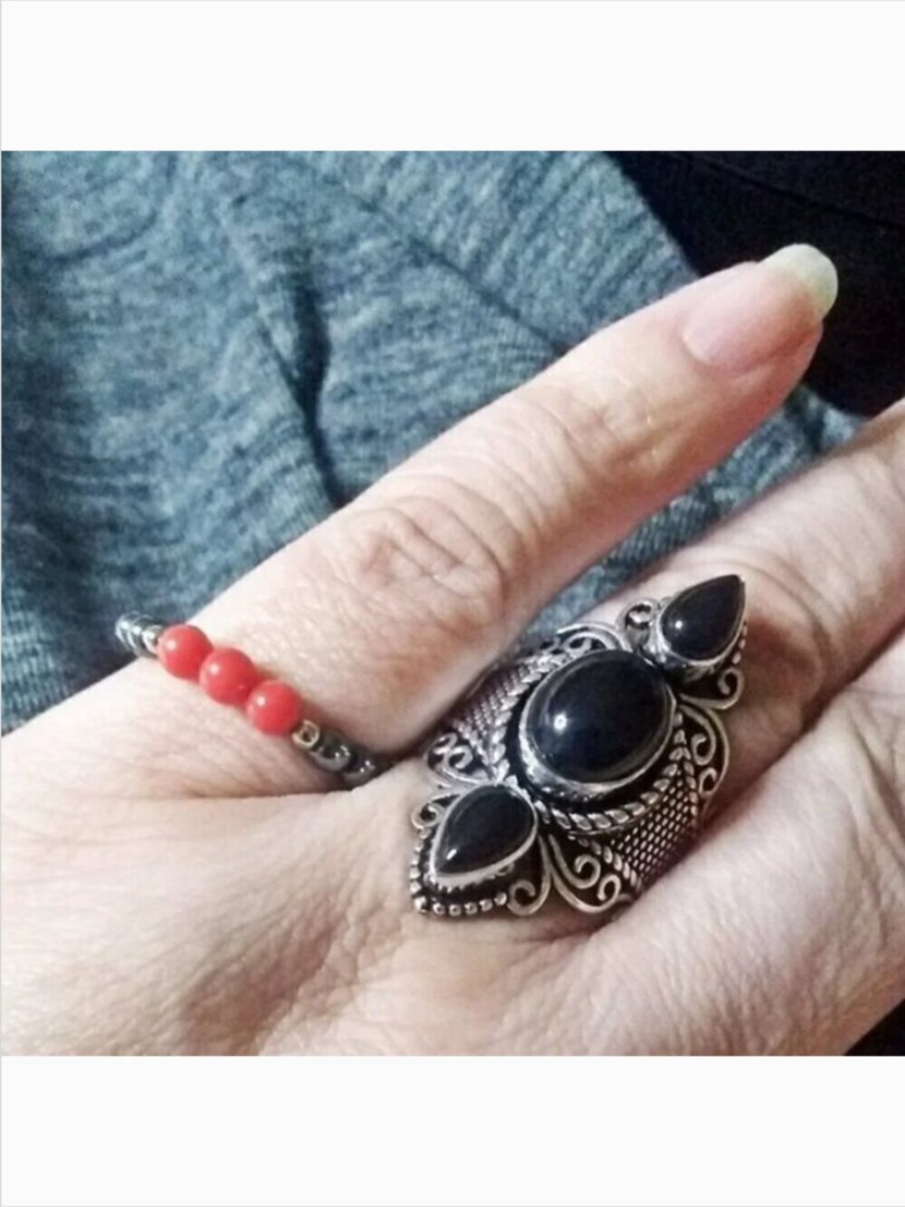 $10 Radical Drop! Hematite & Red Coral Gemstone Ring ~ Gothic Boho Midi Stacker